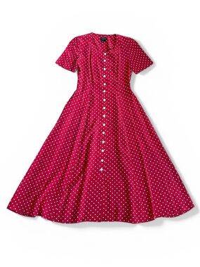 J. Peterman Sz 8 Red Polka Dot 100% Silk Button Front Fit & Flare Maxi Dress